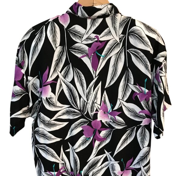 Ms. Paquette Floral Print Rayon Blouse: 70s Tropical Tunic, Black Purple Size M - Picture 6 of 8